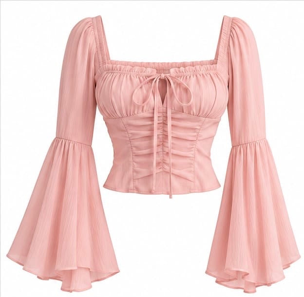 PINK BELL SLEEVE RUFFLE TIE-FRONT CROP TOP