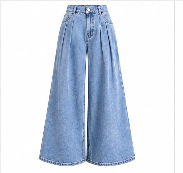 LIGHT WASH FRONT PLEATED WIDE LEG PALAZZO JEANS