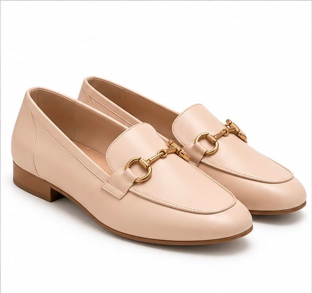 BEIGE LEATHER HORSEBIT ACCENT FLAT LOAFERS