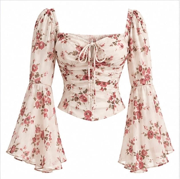 VINTAGE FLORAL PRINT BELL SLEEVE RUFFLE CROP TOP