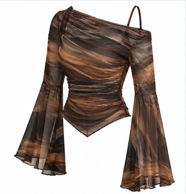 BROWN ABSTRACT PRINT ASYMMETRICAL OFF-SHOULDER MESH TOP