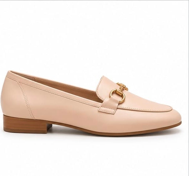 BEIGE LEATHER HORSEBIT ACCENT FLAT LOAFERS
