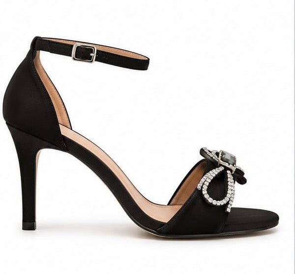 BLACK SATIN RHINESTONE BOW ANKLE STRAP STILETTO HEELS