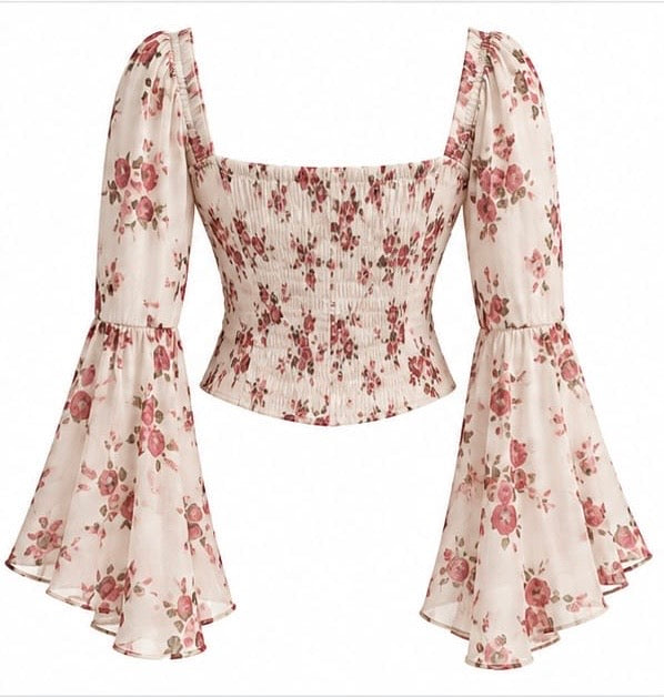 VINTAGE FLORAL PRINT BELL SLEEVE RUFFLE CROP TOP