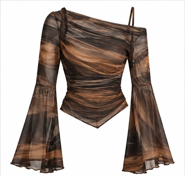 BROWN ABSTRACT PRINT ASYMMETRICAL OFF-SHOULDER MESH TOP
