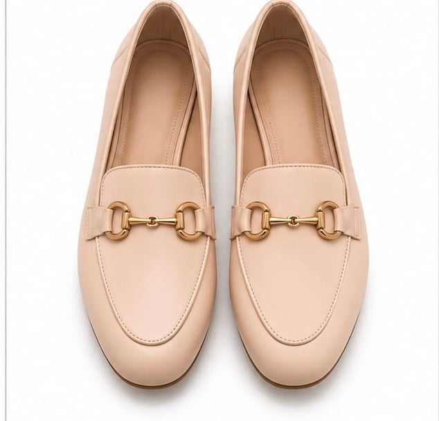 BEIGE LEATHER HORSEBIT ACCENT FLAT LOAFERS