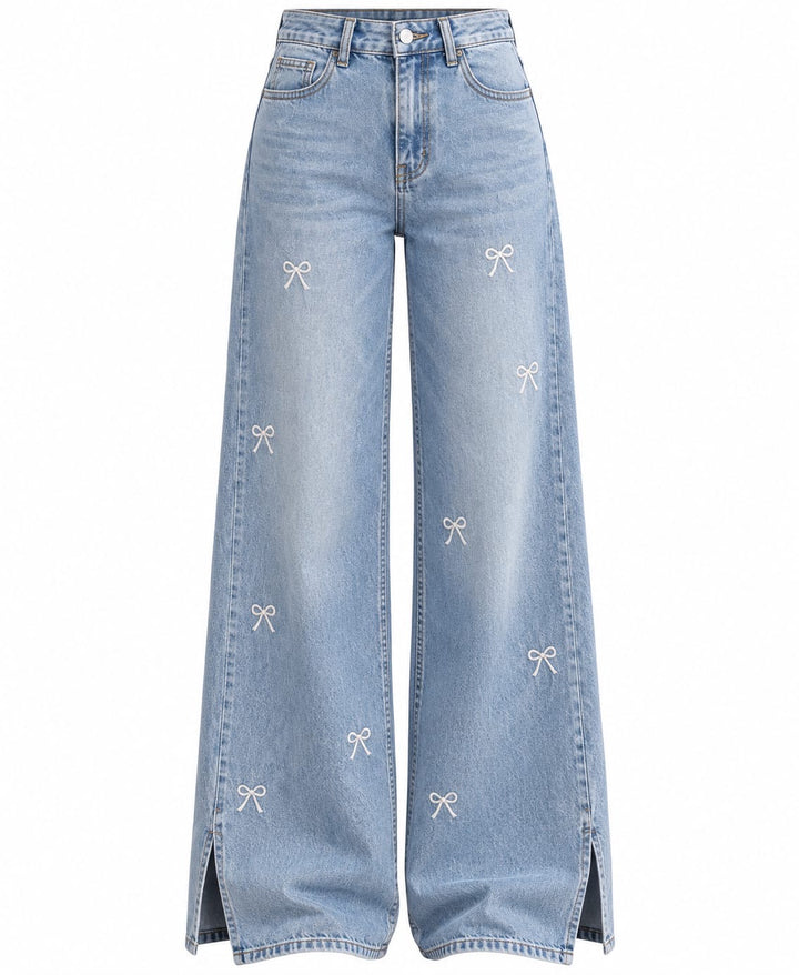 EMBROIDERED BOW LIGHT WASH WIDE LEG JEANS