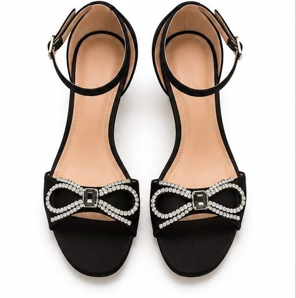 BLACK SATIN RHINESTONE BOW ANKLE STRAP STILETTO HEELS