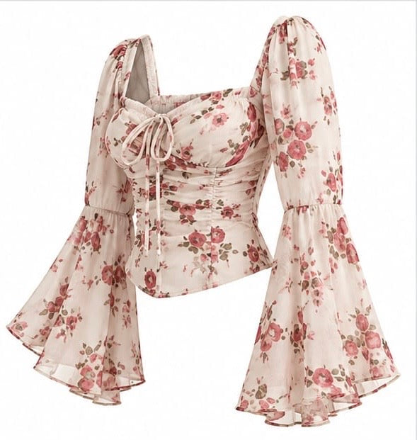 VINTAGE FLORAL PRINT BELL SLEEVE RUFFLE CROP TOP