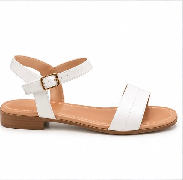 WHITE FLAT ANKLE STRAP CASUAL SANDALS
