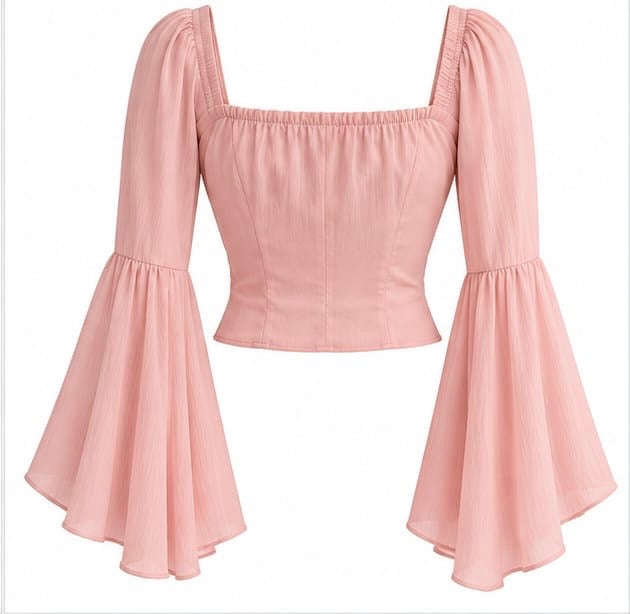 PINK BELL SLEEVE RUFFLE TIE-FRONT CROP TOP