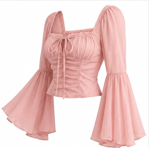 PINK BELL SLEEVE RUFFLE TIE-FRONT CROP TOP